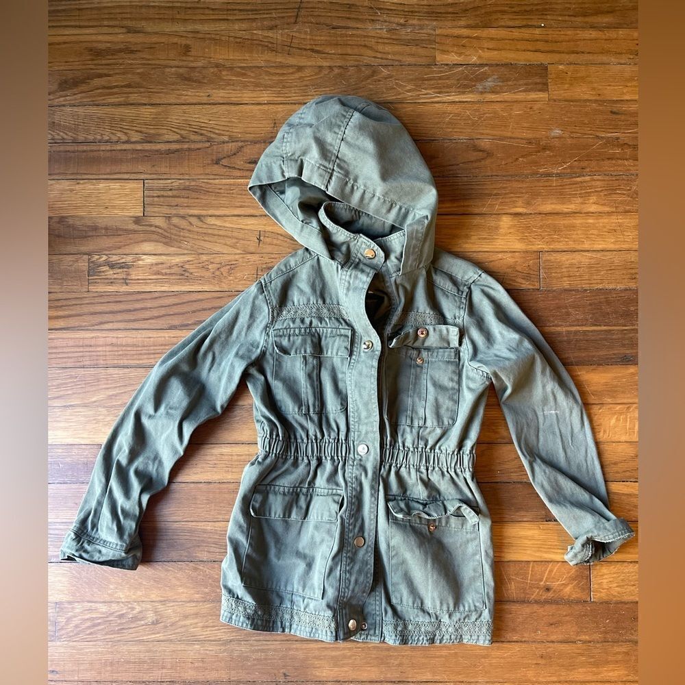 C&C California girls size 12 military cargo green jacket with crochetelacedetail